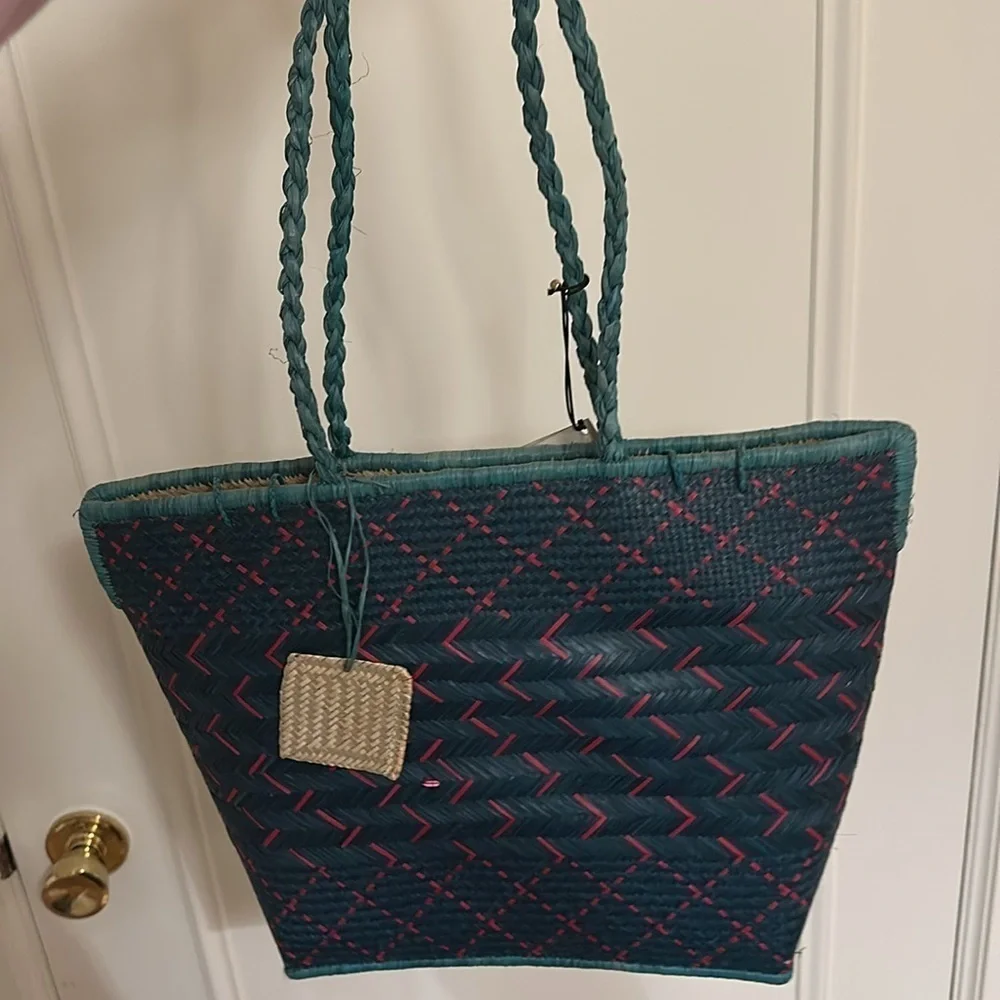 NWT Handmade Rattan Bag | Green & Red | Blessing Basket Fair Trade